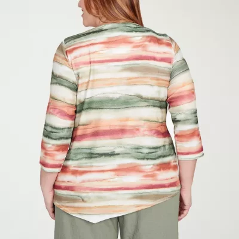 Alfred Dunner Copper Canyon Womens Crew Neck 3/4 Sleeve Plus T-Shirt