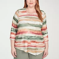 Alfred Dunner Copper Canyon Womens Crew Neck 3/4 Sleeve Plus T-Shirt