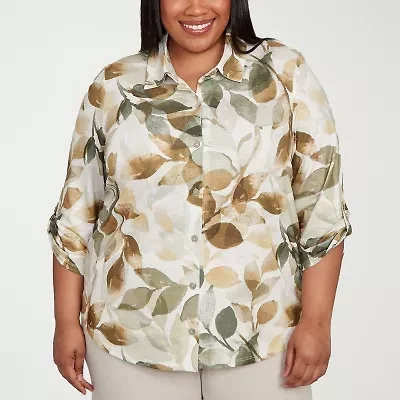 Alfred Dunner Copper Canyon Womens 3/4 Sleeve Roll Tab Plus Button-Down Shirt