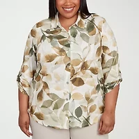 Alfred Dunner Copper Canyon Womens 3/4 Sleeve Roll Tab Plus Button-Down Shirt