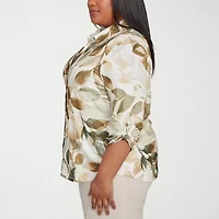 Alfred Dunner Copper Canyon Womens 3/4 Sleeve Roll Tab Plus Button-Down Shirt