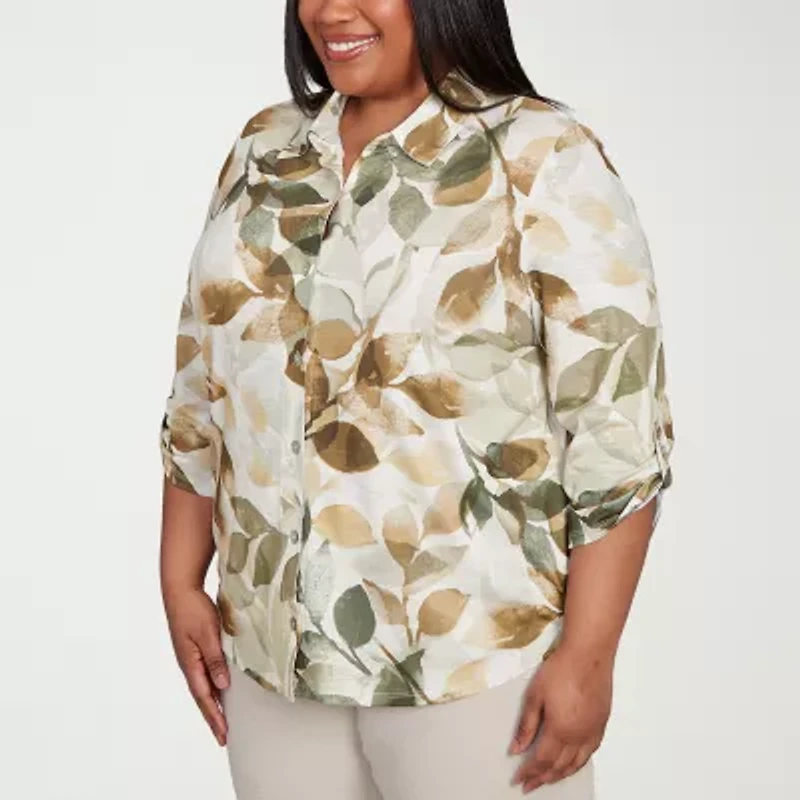 Alfred Dunner Copper Canyon Womens 3/4 Sleeve Roll Tab Plus Button-Down Shirt