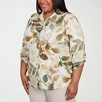 Alfred Dunner Copper Canyon Womens 3/4 Sleeve Roll Tab Plus Button-Down Shirt