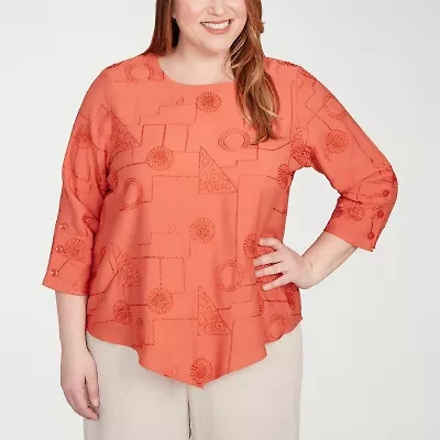 Alfred Dunner Copper Canyon Womens Crew Neck 3/4 Sleeve Plus Blouse