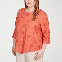 Alfred Dunner Copper Canyon Womens Crew Neck 3/4 Sleeve Plus Blouse
