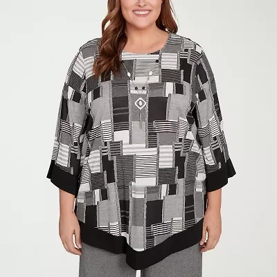 Alfred Dunner Santa Barbara Womens Crew Neck 3/4 Sleeve Plus T-Shirt