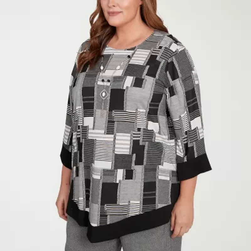 Alfred Dunner Santa Barbara Womens Crew Neck 3/4 Sleeve Plus T-Shirt