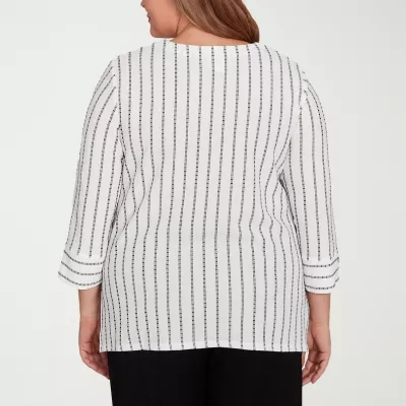 Alfred Dunner Santa Barbara Womens Crew Neck 3/4 Sleeve Plus T-Shirt
