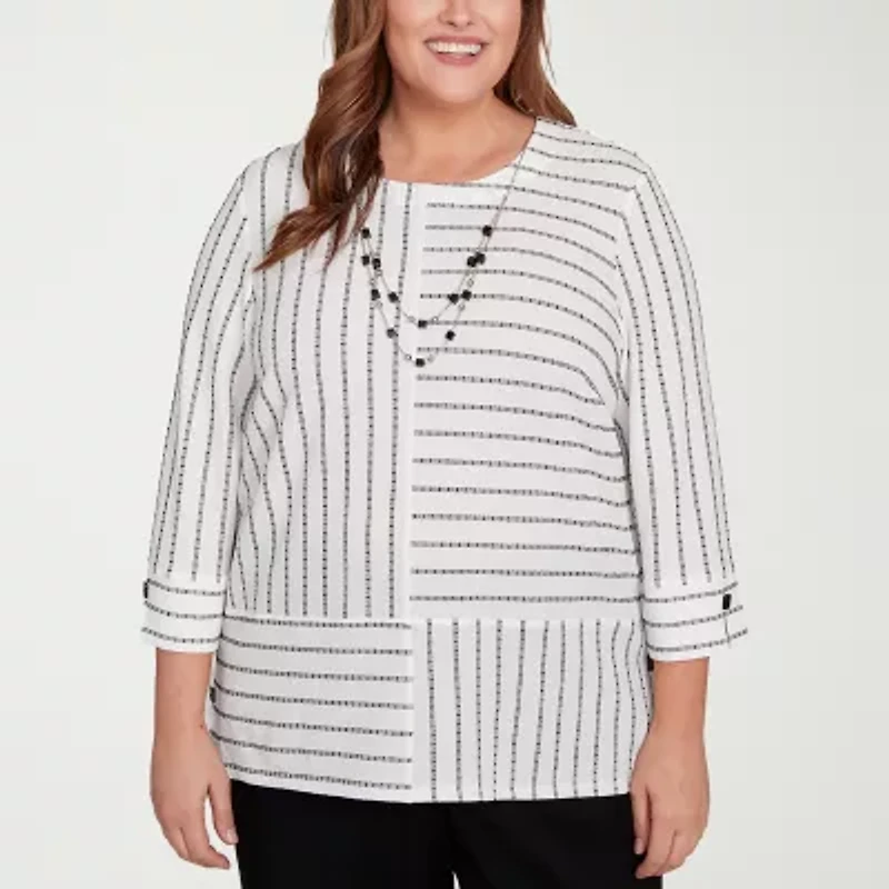 Alfred Dunner Santa Barbara Womens Crew Neck 3/4 Sleeve Plus T-Shirt