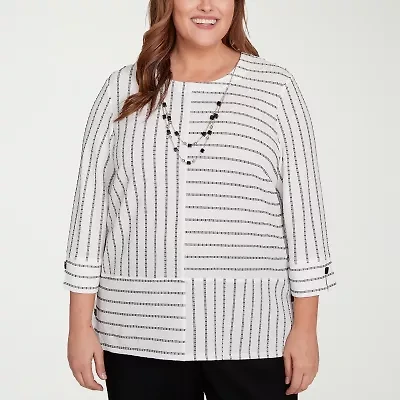 Alfred Dunner Santa Barbara Womens Crew Neck 3/4 Sleeve Plus T-Shirt