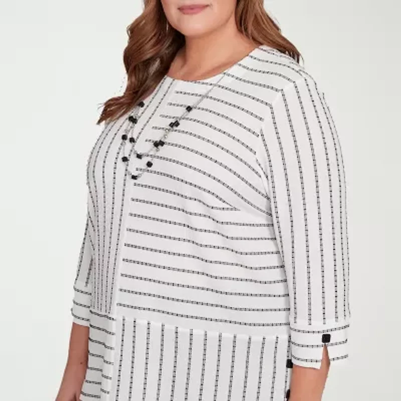 Alfred Dunner Santa Barbara Womens Crew Neck 3/4 Sleeve Plus T-Shirt