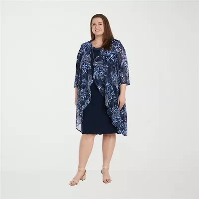 R & M Richards Womens Floral Jacket Dress With Removable Necklace Plus