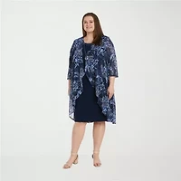R & M Richards Womens Floral Jacket Dress With Removable Necklace Plus