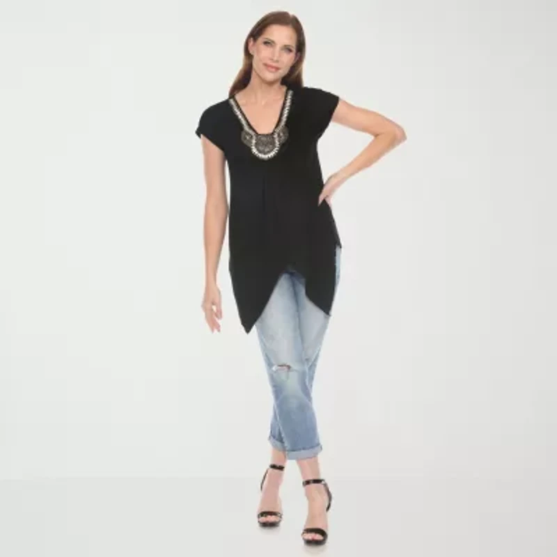 White Mark Womens V Neck Short Sleeve Tunic Top