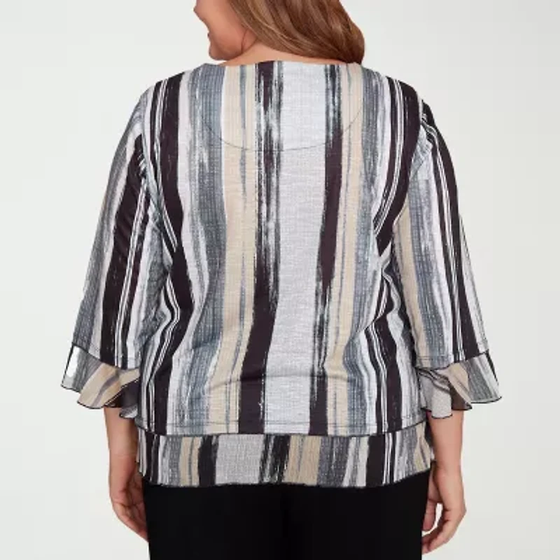 Alfred Dunner Santa Barbara Womens Crew Neck 3/4 Sleeve Plus T-Shirt