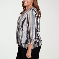 Alfred Dunner Santa Barbara Womens Crew Neck 3/4 Sleeve Plus T-Shirt
