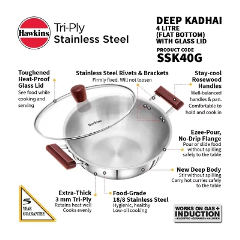 Hawkins Stainless Steel 4 Liter Deep Kadhai Pan