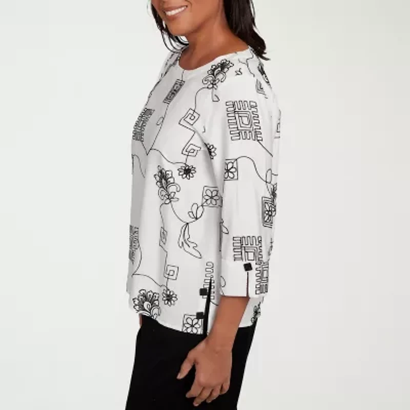Alfred Dunner Santa Barbara Womens Crew Neck 3/4 Sleeve Blouse