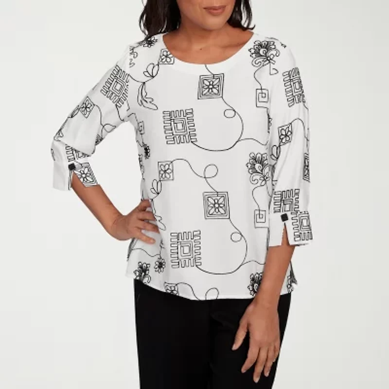 Alfred Dunner Santa Barbara Womens Crew Neck 3/4 Sleeve Blouse