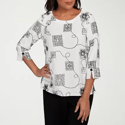 Alfred Dunner Santa Barbara Womens Crew Neck 3/4 Sleeve Blouse