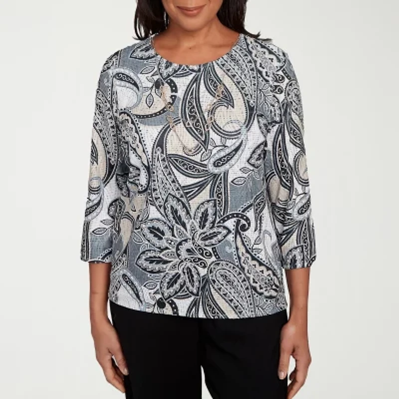 Alfred Dunner Santa Barbara Womens Crew Neck 3/4 Sleeve T-Shirt
