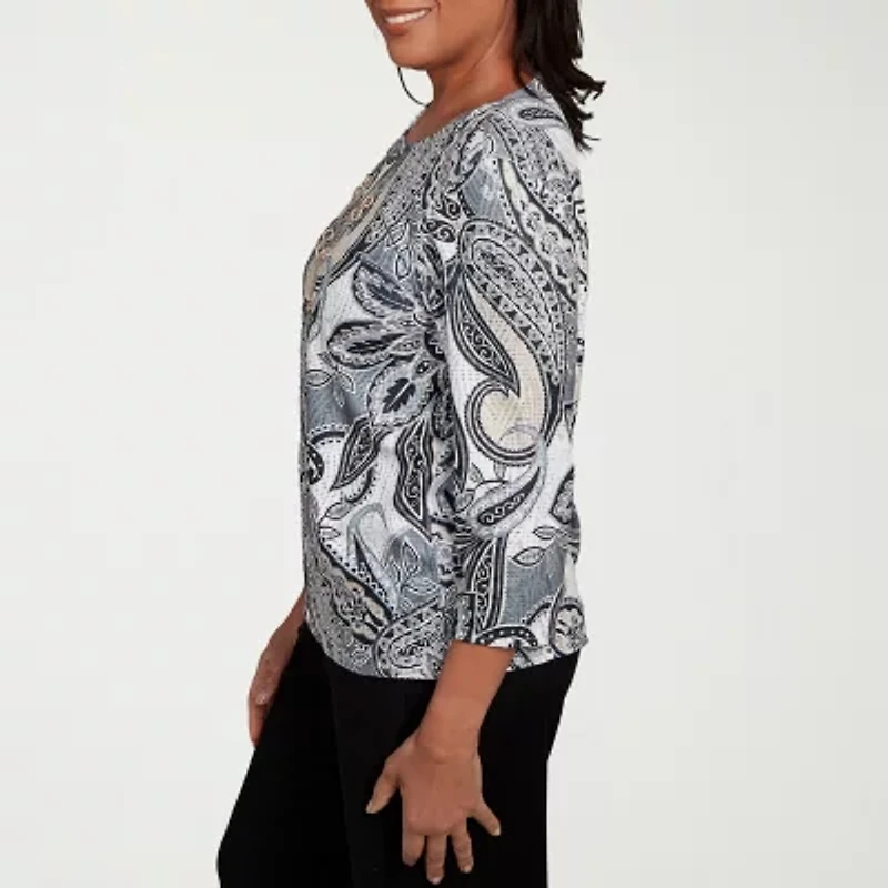 Alfred Dunner Santa Barbara Womens Crew Neck 3/4 Sleeve T-Shirt