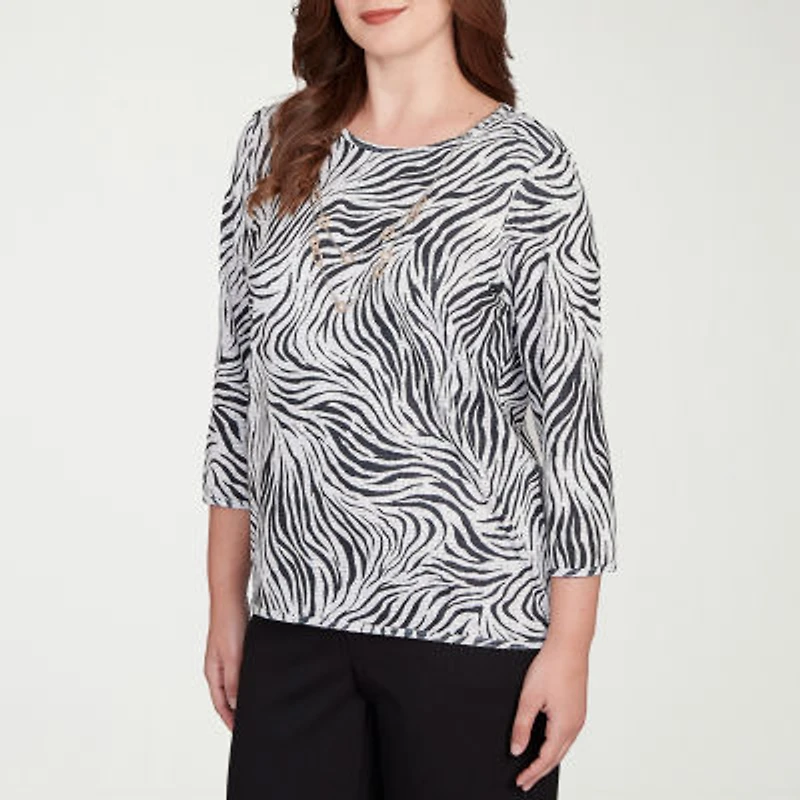 Alfred Dunner Santa Barbara Womens Crew Neck 3/4 Sleeve T-Shirt