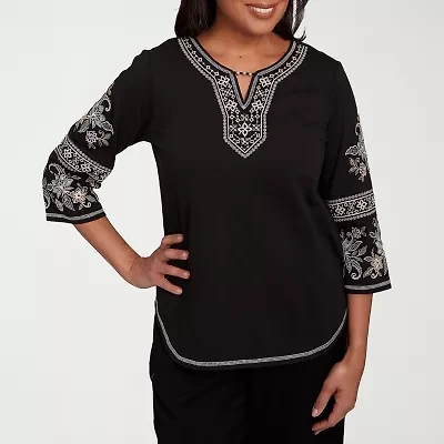 Alfred Dunner Santa Barbara Womens Split Crew Neck 3/4 Sleeve T-Shirt