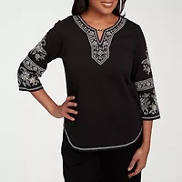 Alfred Dunner Santa Barbara Womens Split Crew Neck 3/4 Sleeve T-Shirt