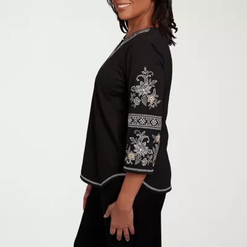 Alfred Dunner Santa Barbara Womens Split Crew Neck 3/4 Sleeve T-Shirt