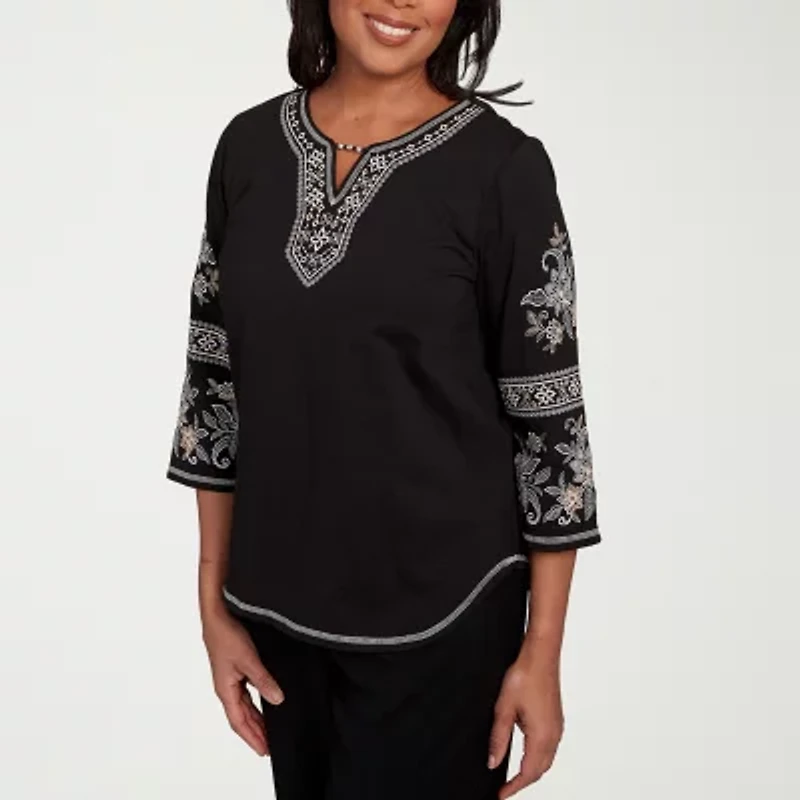 Alfred Dunner Santa Barbara Womens Split Crew Neck 3/4 Sleeve T-Shirt