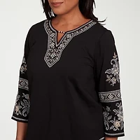 Alfred Dunner Santa Barbara Womens Split Crew Neck 3/4 Sleeve T-Shirt