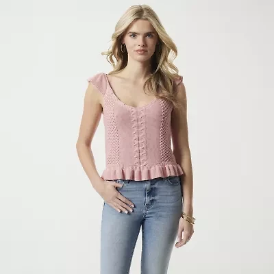 JS Jessica Simpson Womens V Neck Sleeveless Cable Knit Pullover Sweater