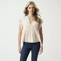 JS Jessica Simpson Womens Split Tie Neck Short Sleeve Blouse