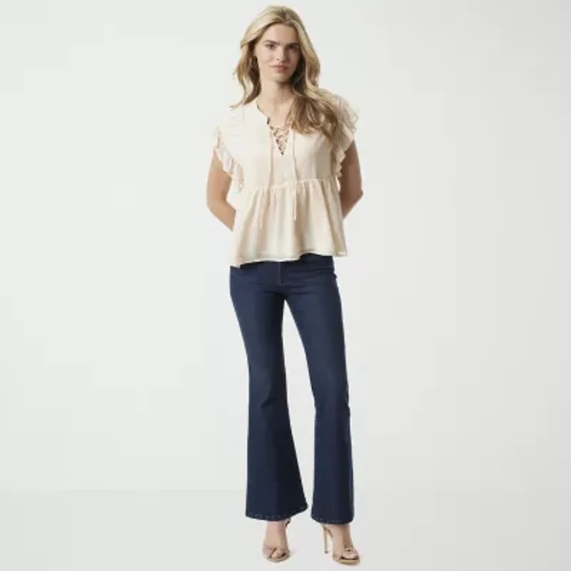 JS Jessica Simpson Womens Split Tie Neck Short Sleeve Blouse