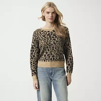 JS Jessica Simpson Womens Round Neck Long Sleeve Animal Pullover Sweater