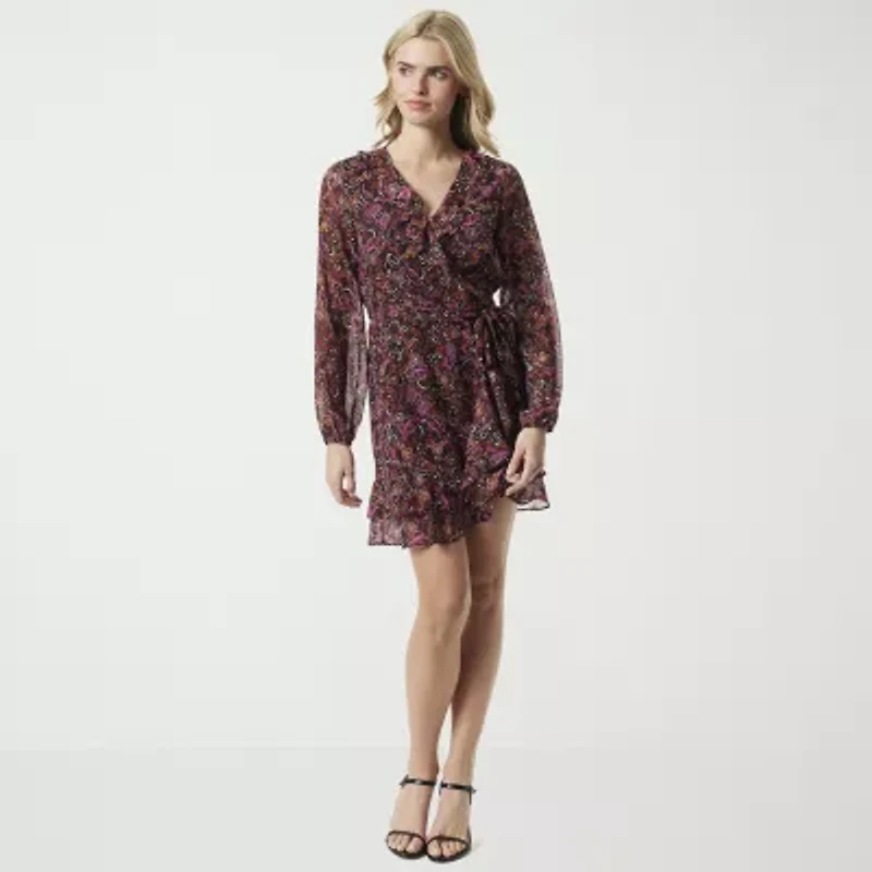 JS Jessica Simpson Womens Long Sleeve Paisley Midi Wrap Dress