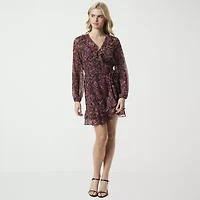 JS Jessica Simpson Womens Long Sleeve Paisley Midi Wrap Dress