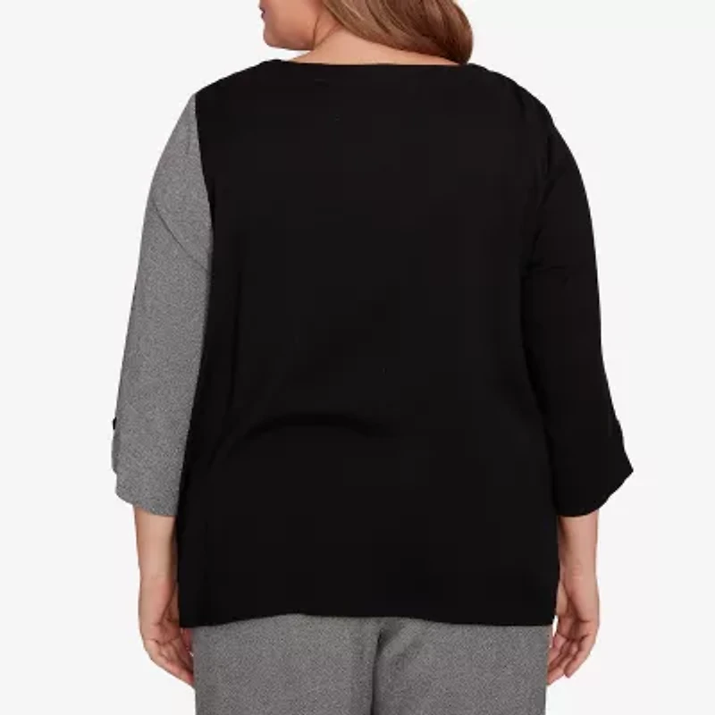 Alfred Dunner Santa Barbara Womens Crew Neck 3/4 Sleeve Plus T-Shirt