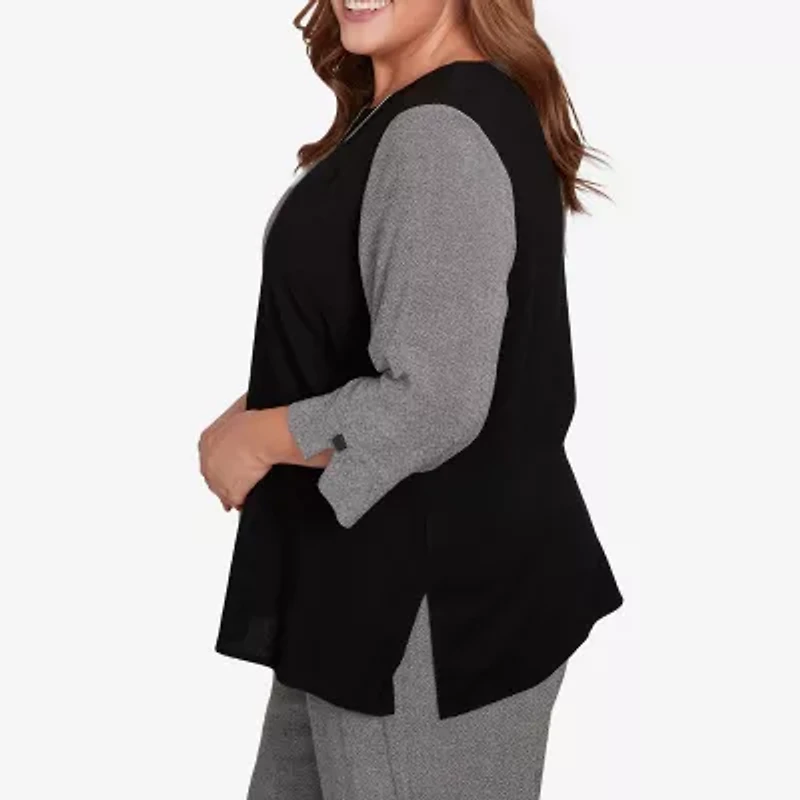 Alfred Dunner Santa Barbara Womens Crew Neck 3/4 Sleeve Plus T-Shirt