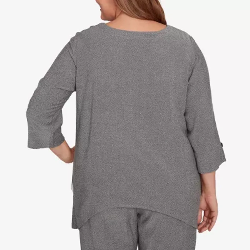 Alfred Dunner Santa Barbara Womens Crew Neck 3/4 Sleeve Plus T-Shirt