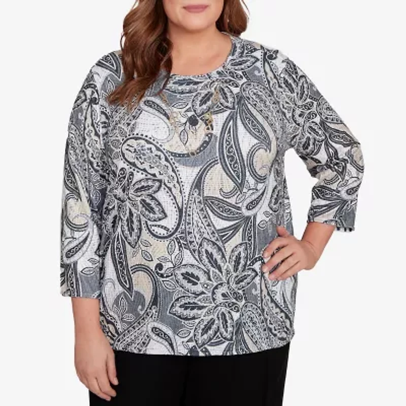 Alfred Dunner Santa Barbara Womens Crew Neck 3/4 Sleeve Plus T-Shirt
