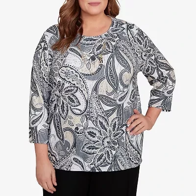 Alfred Dunner Santa Barbara Womens Crew Neck 3/4 Sleeve Plus T-Shirt