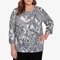 Alfred Dunner Santa Barbara Womens Crew Neck 3/4 Sleeve Plus T-Shirt