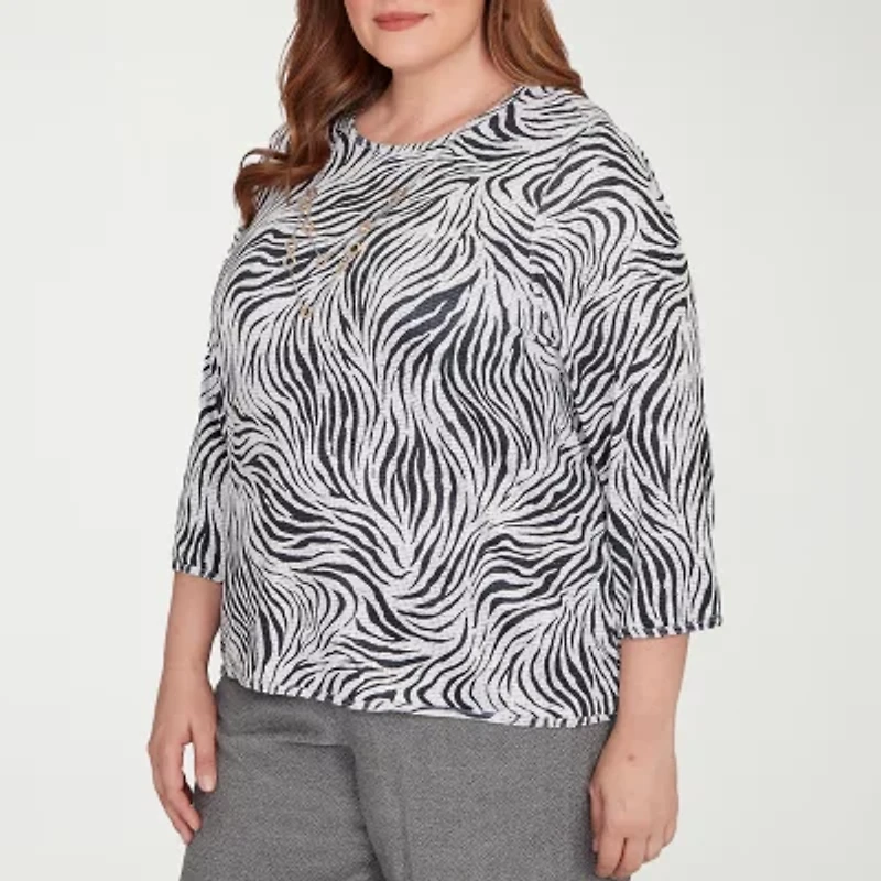 Alfred Dunner Santa Barbara Womens Crew Neck 3/4 Sleeve Plus T-Shirt