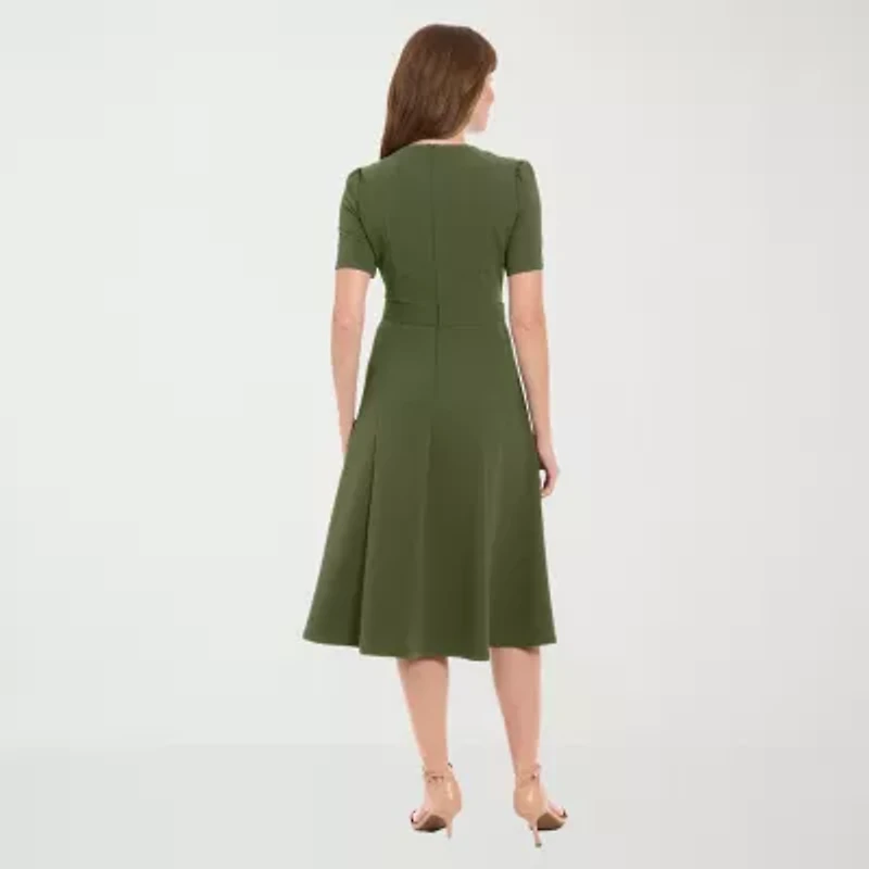 London Times Womens Midi Round Neck Short Sleeve Fitted Fit + Flare Dress
