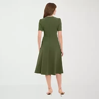 London Times Womens Midi Round Neck Short Sleeve Fitted Fit + Flare Dress