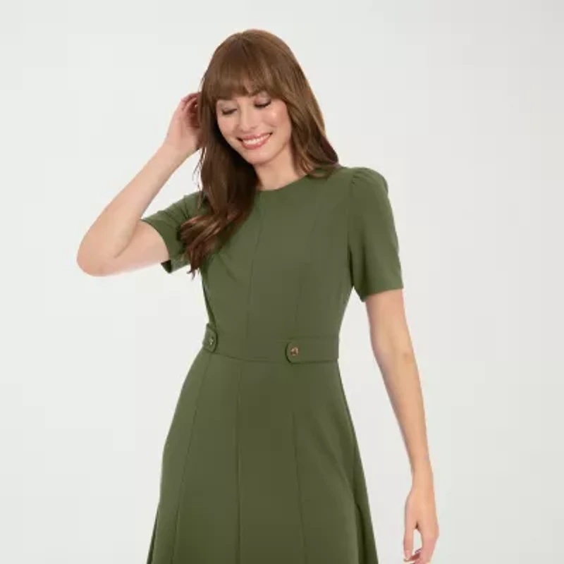London Times Womens Midi Round Neck Short Sleeve Fitted Fit + Flare Dress