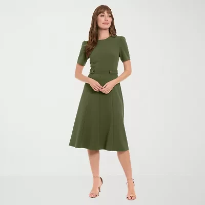 London Times Womens Midi Round Neck Short Sleeve Fitted Fit + Flare Dress