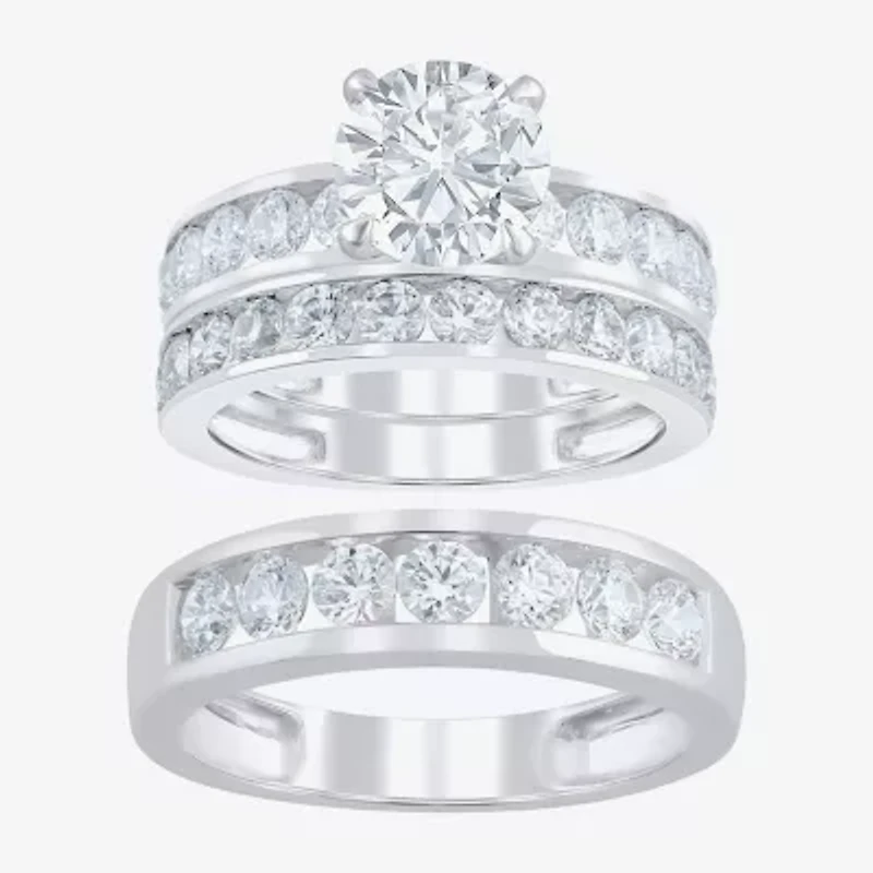 (F / Vs2) Unisex Adult 5 CT. T.W. Lab Grown White Diamond 10K Gold Round Side Stone Bridal Set